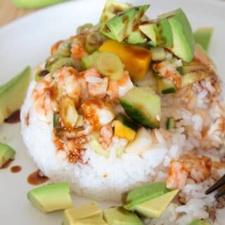 overhead view of sushi stack with avocado