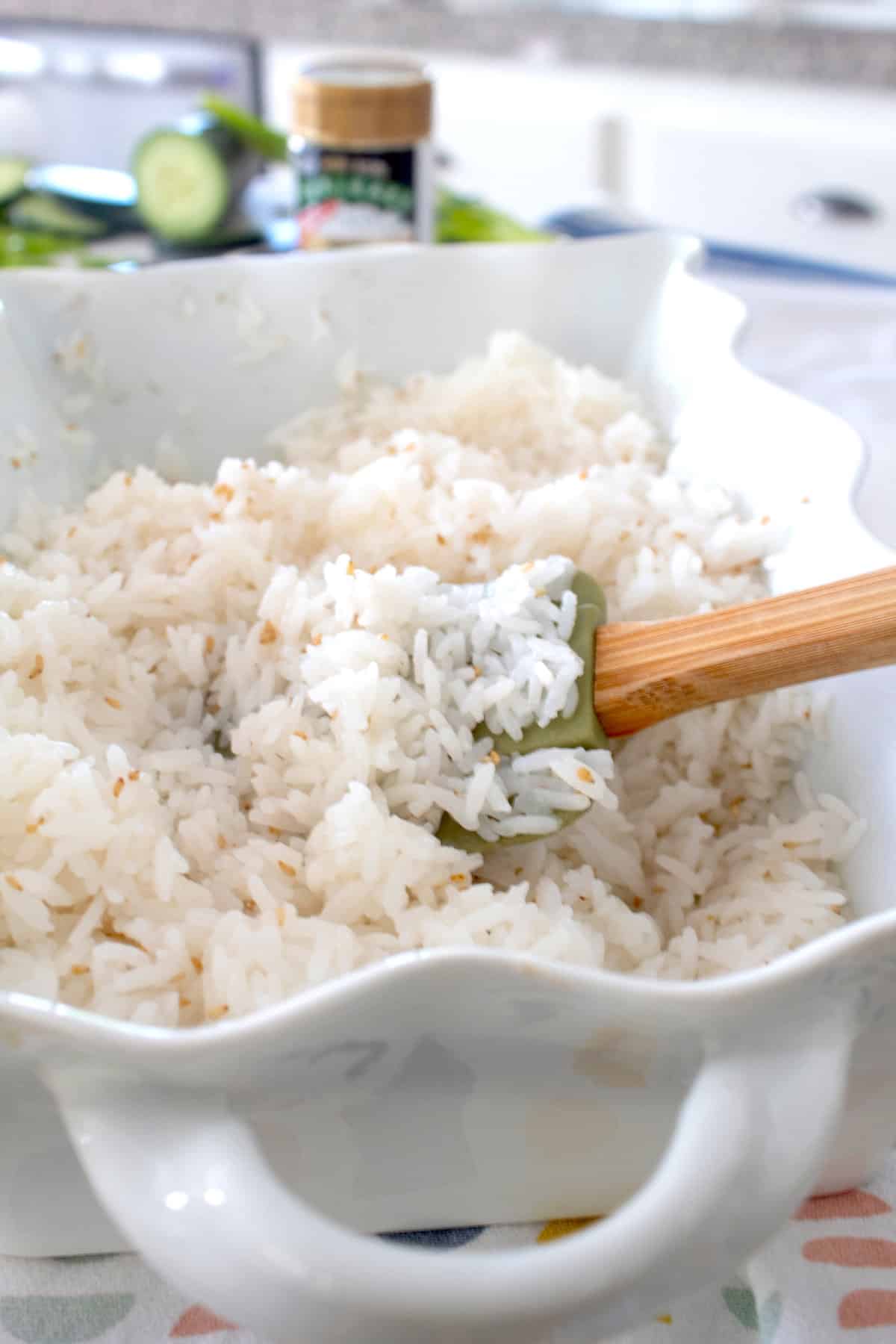 sushi rice in a casserole dish
