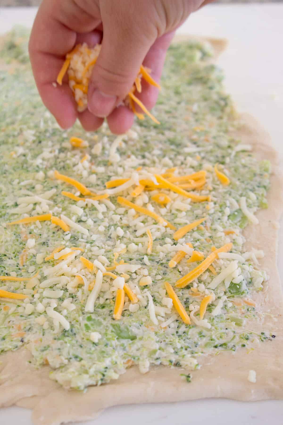 spreading broccoli mixture onto flattened crescent roll dough