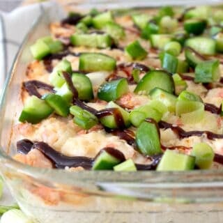 up close sushi bake in a clear casserole dish