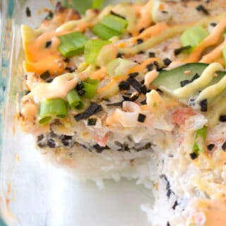 sushi bake with layers in a glass dish