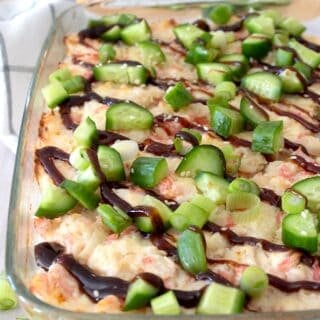 full view of sushi bake in casserole dish