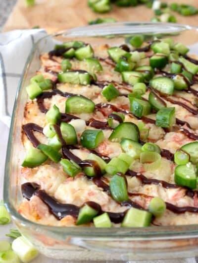 full view of sushi bake in casserole dish