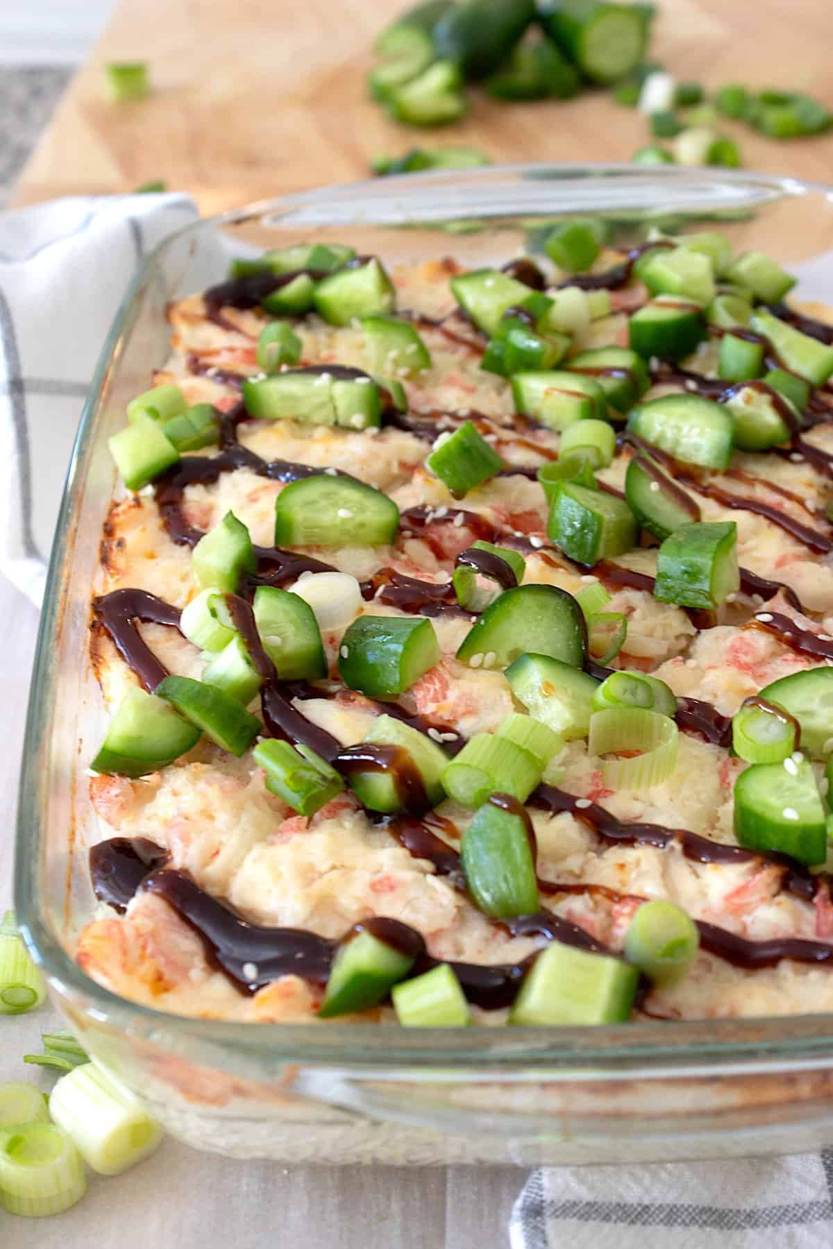 full view of sushi bake in casserole dish