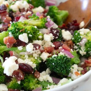 broccoli salad in a bowl with feta cheese