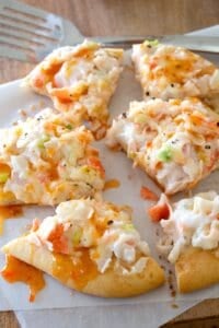 overhead of sliced crab rangoon pizza
