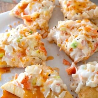 overhead of sliced crab rangoon pizza