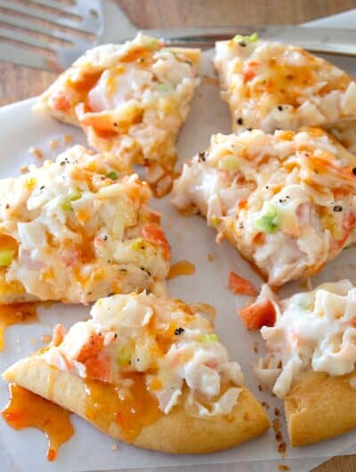 overhead of sliced crab rangoon pizza