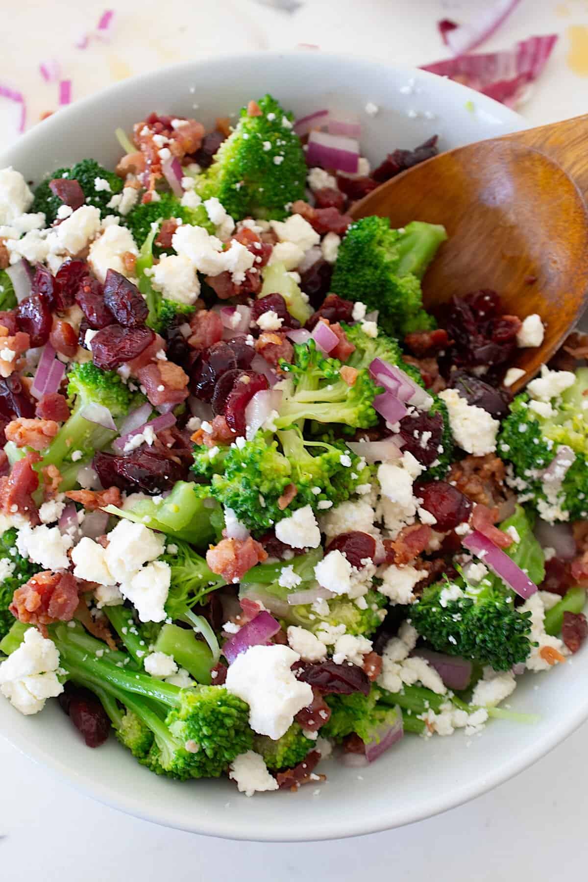 overhead view of broccoli salad in a bowl