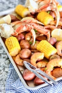 seafood on a sheet pan thats been oven roasted
