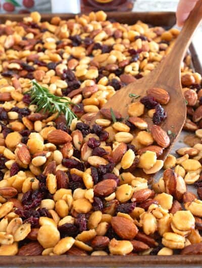 honey roasted nuts on a sheet pan