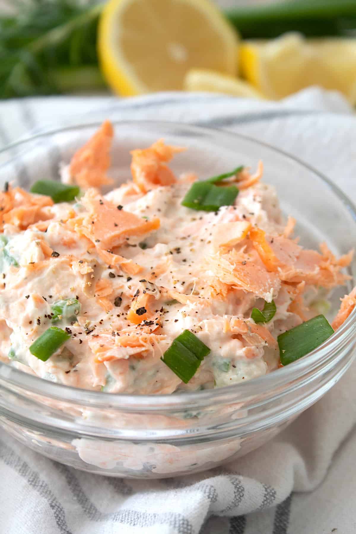 smoked salmon dip in a clear bowl