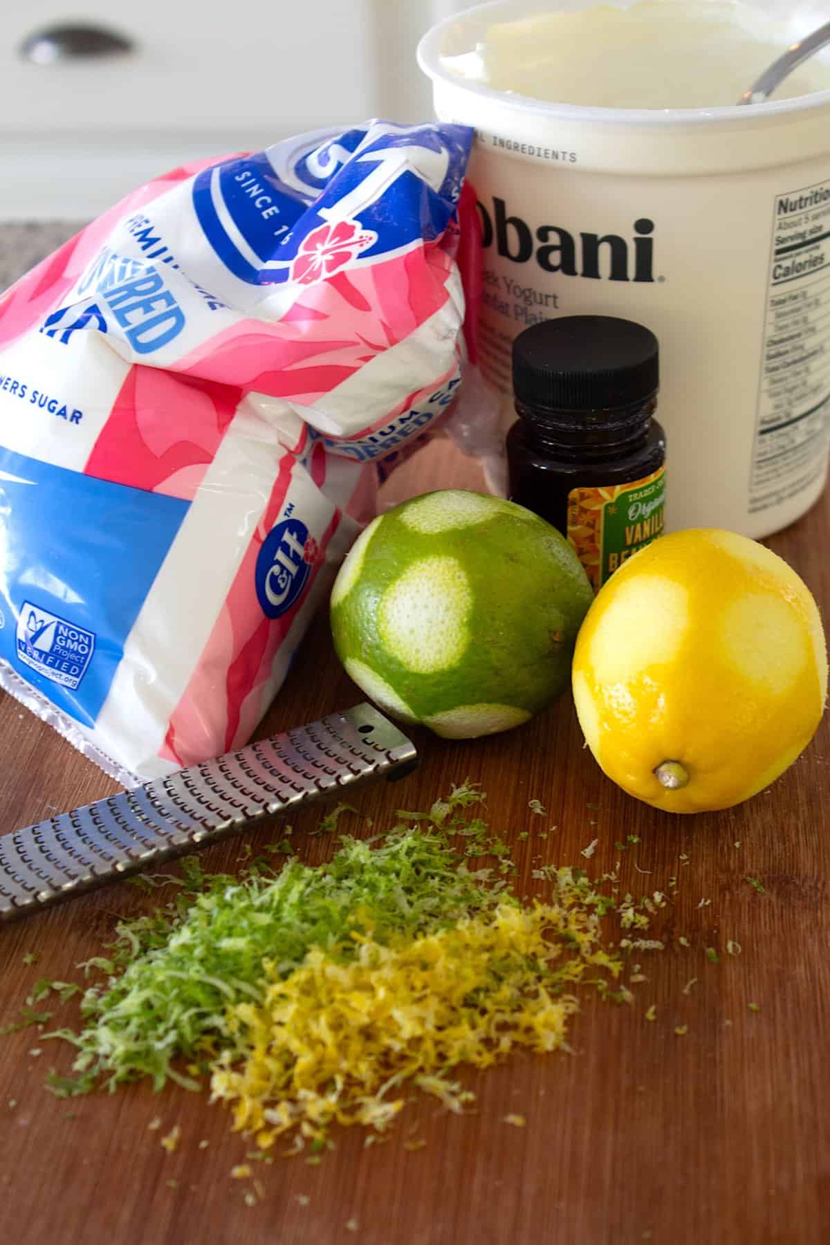 fruit dip ingredients on a cutting board