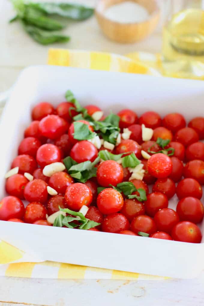 cherry tomatoes in a baking dish