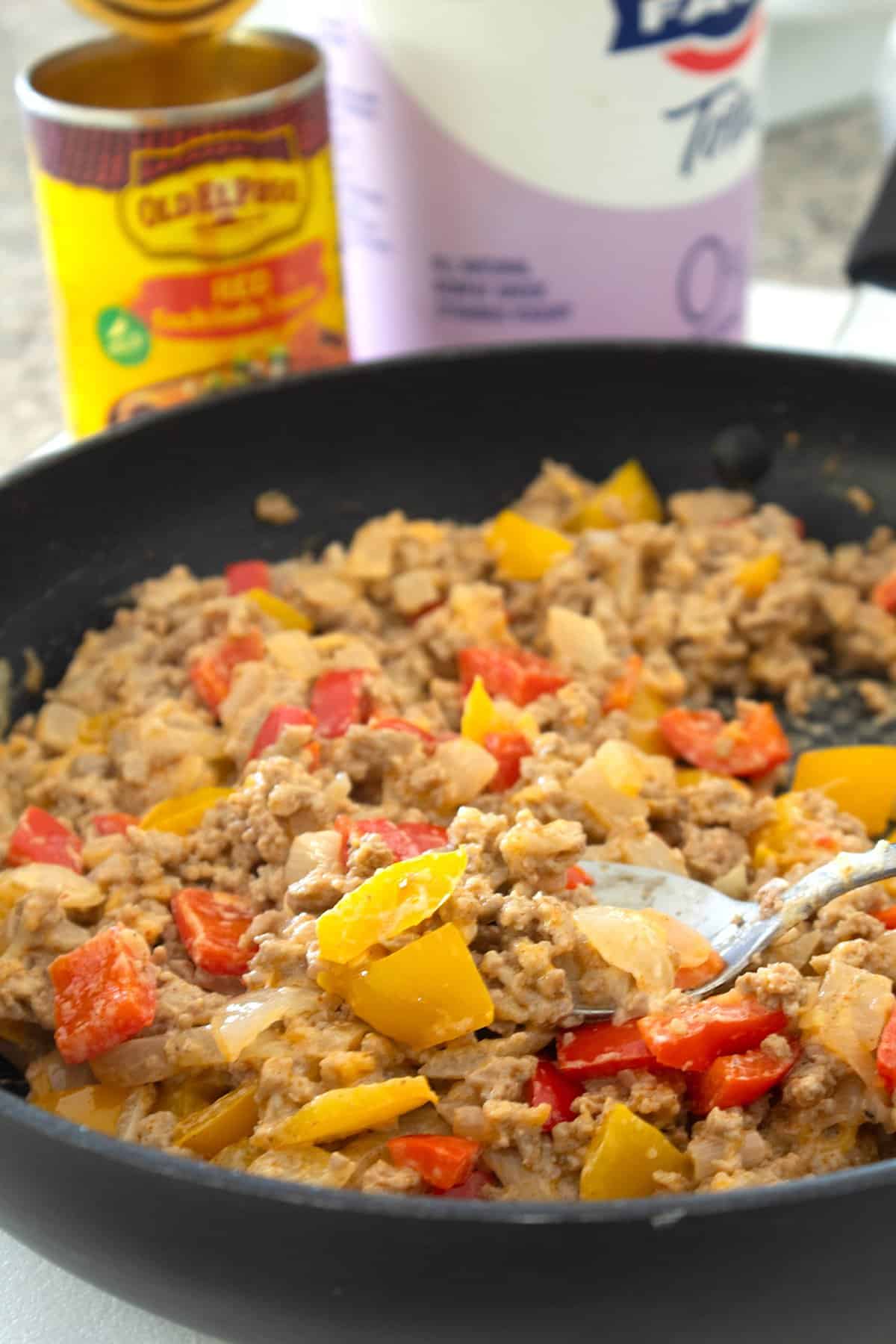 sautéing ground turkey with peppers and onions