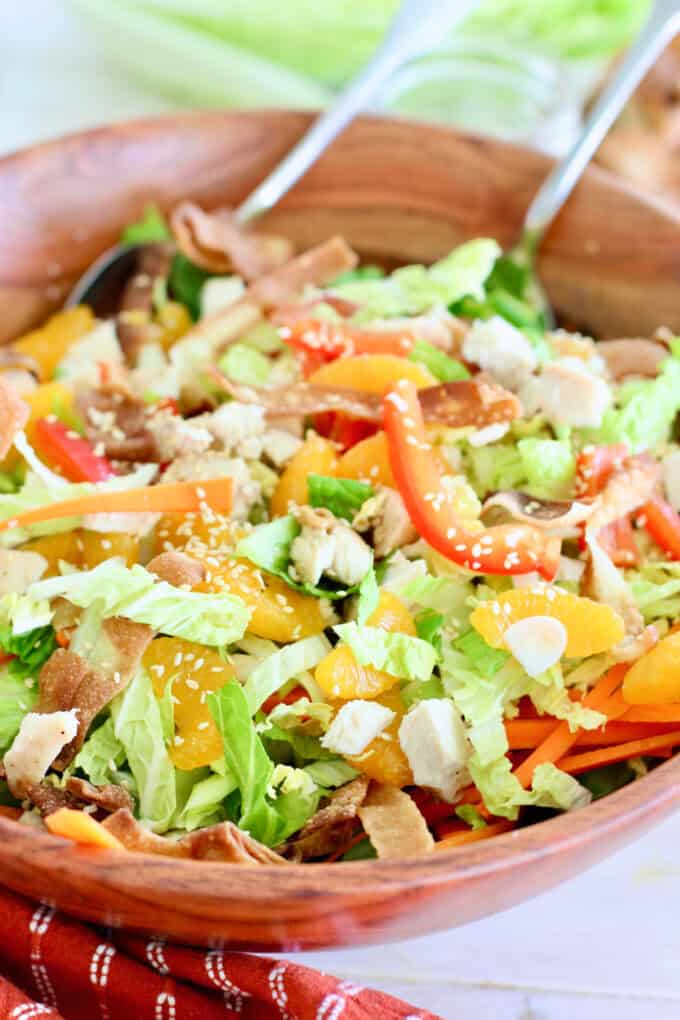 Chinese Chicken Salad in a wooden bowl