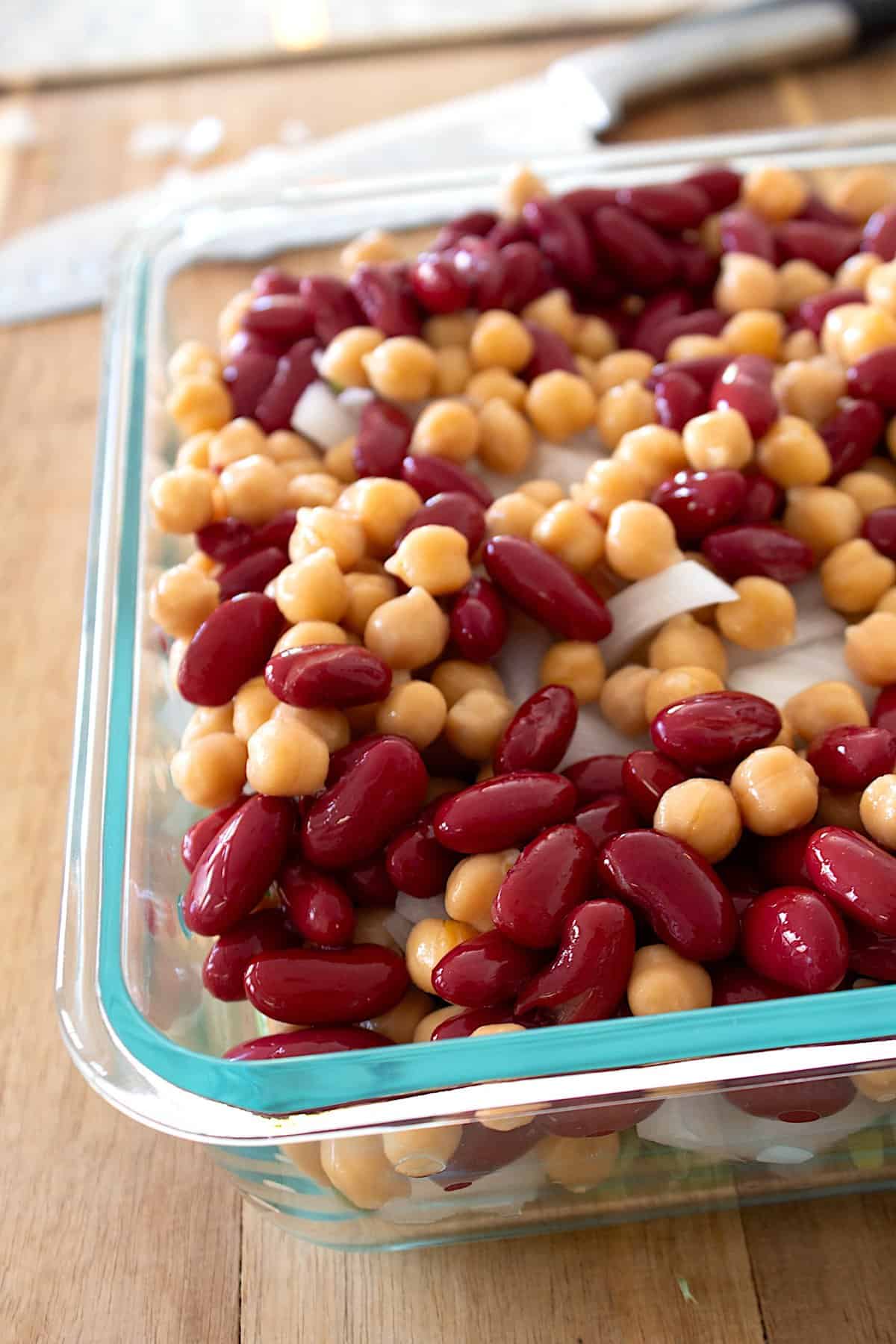 layered bean salad in container