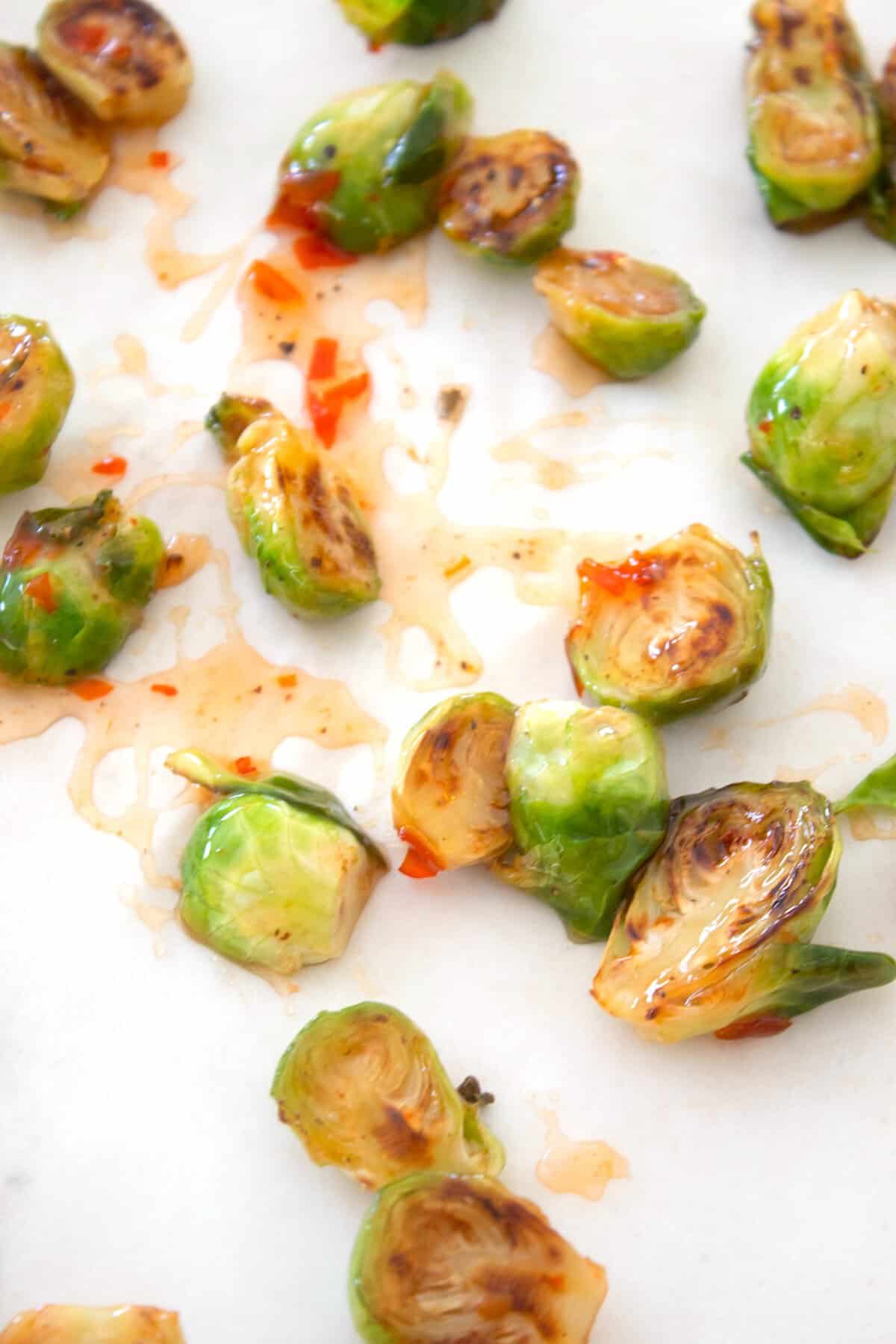 brussel sprouts on a sheet pan