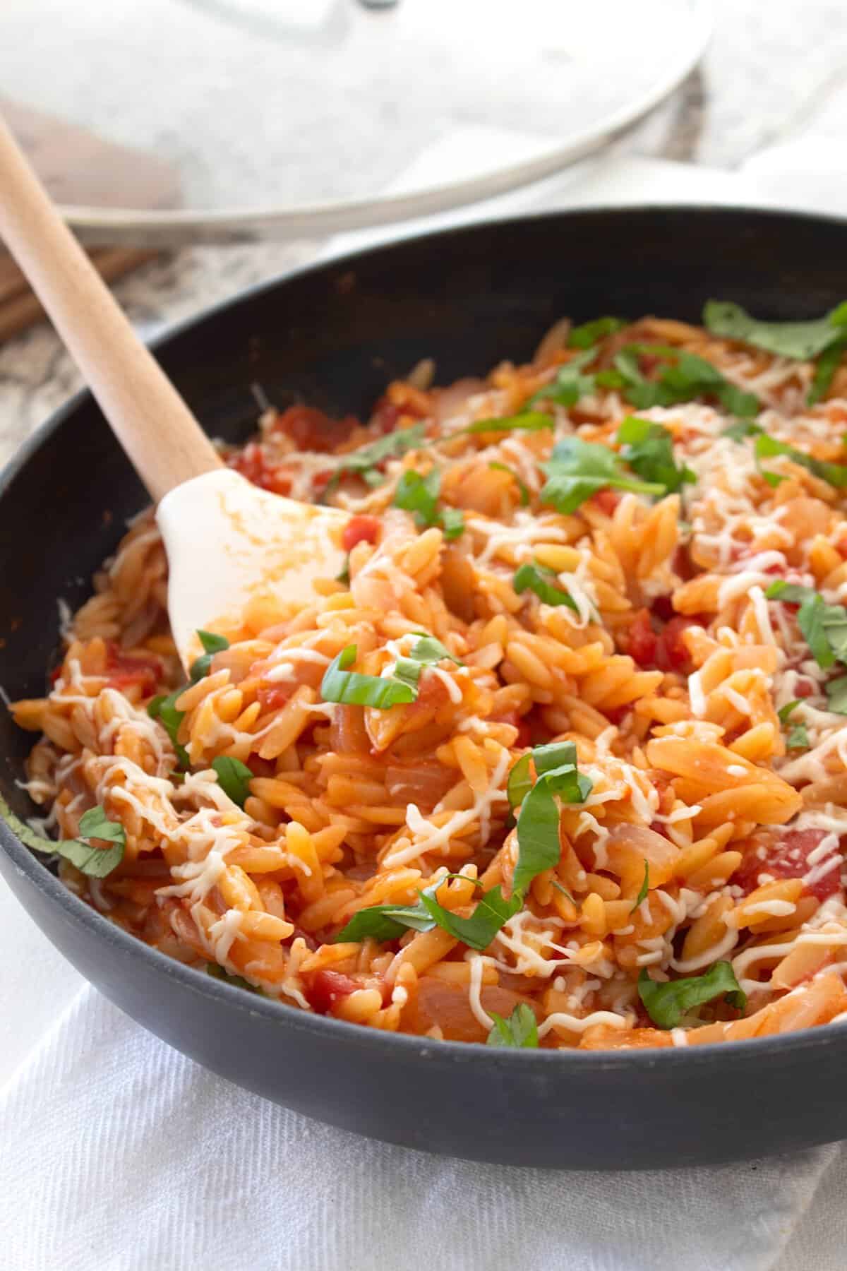 pan of tomato orzo