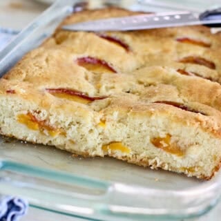 Peach cake in a 9 x 13 pan