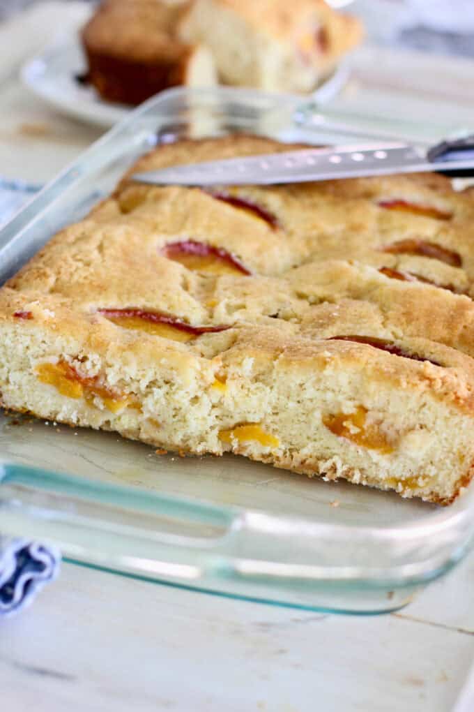 Peach cake in a 9 x 13 pan