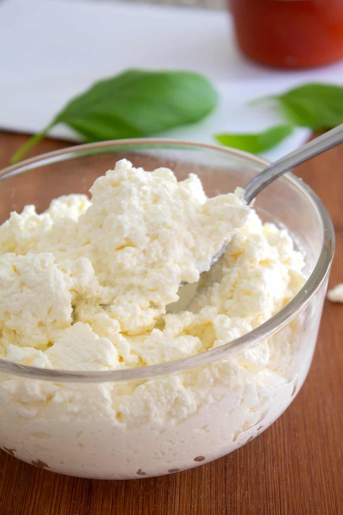 homemade ricotta in a clear bowl