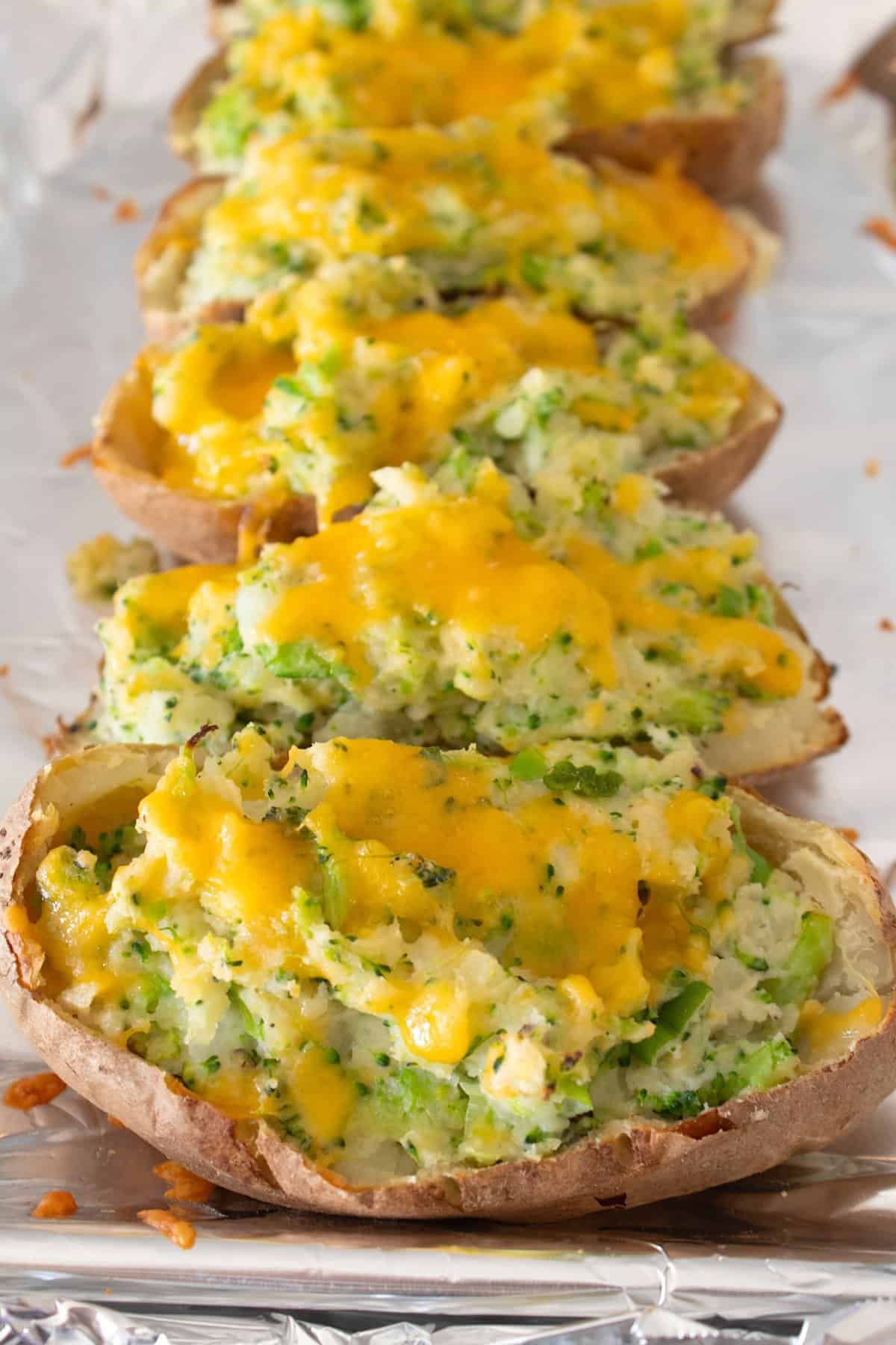 broccoli cheddar stuffed sweet potatoes on sheet pan