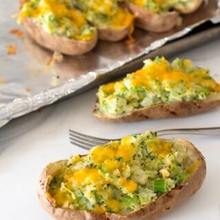 broccoli cheddar potatoes with fork