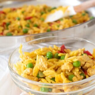 clear small dish full of orzo ground chicken dinner