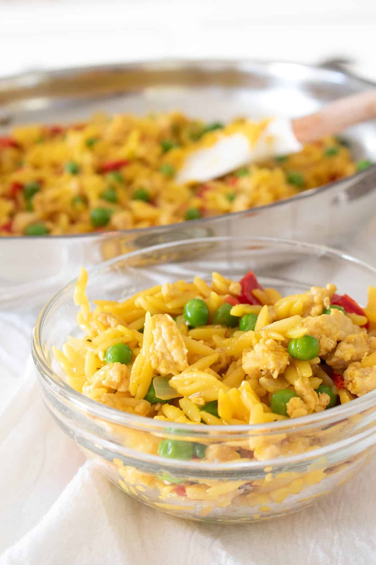 clear small dish full of orzo ground chicken dinner