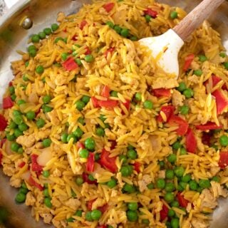 overhead view of ground chicken orzo skillet dinner