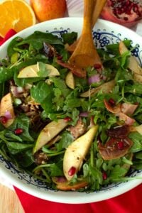 overhead view of winter salad in a white bowl