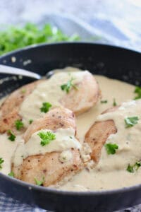 Boursin Chicken in a skillet ready to serve