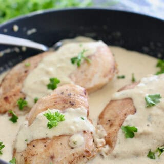 Boursin Chicken in a skillet ready to serve