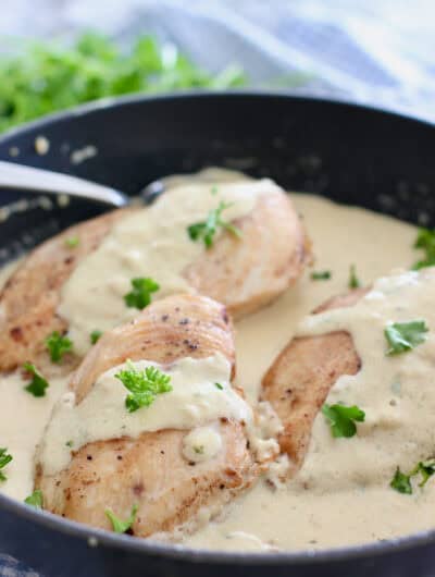 Boursin Chicken in a skillet ready to serve