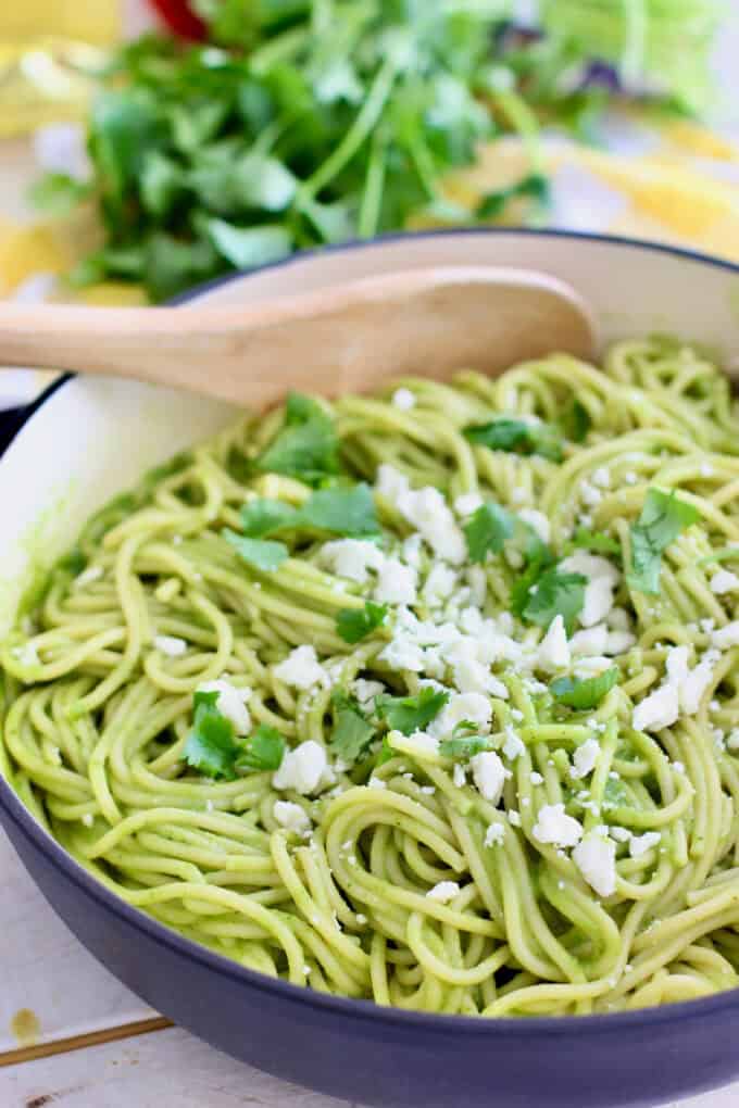 green Spaghetti in a skillet