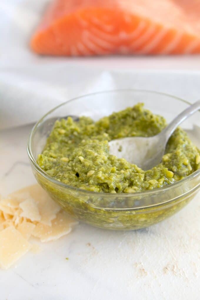 pesto in small glass bowl