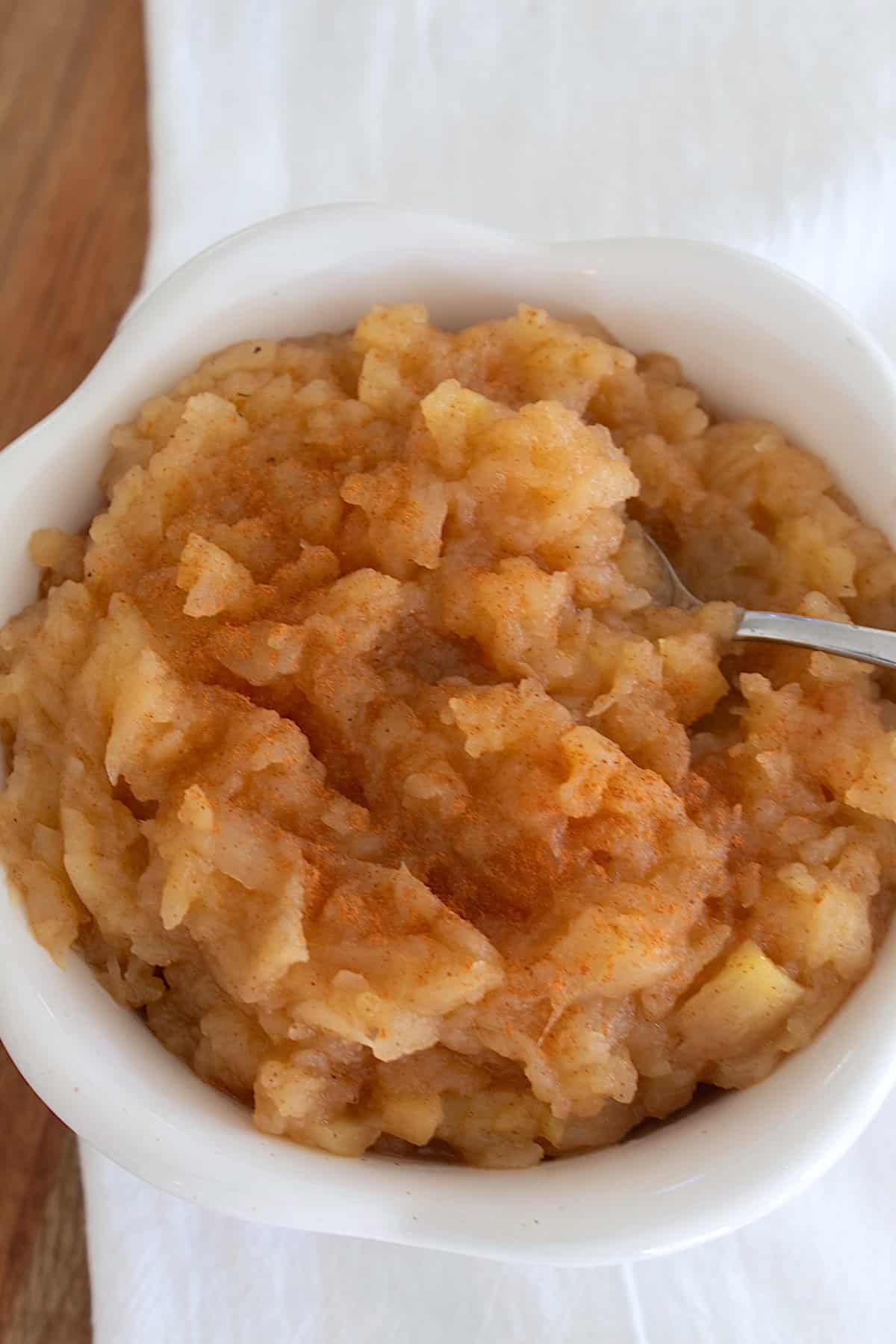 overhead shot of applesauce in bowl