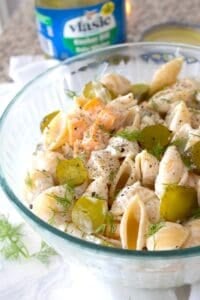 side view of pickle pasta salad