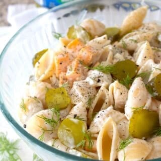 side view of pickle pasta salad