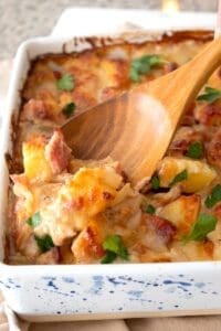 ham and potato casserole in a dish with