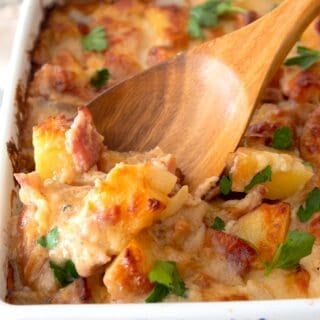 ham and potato casserole in a dish with