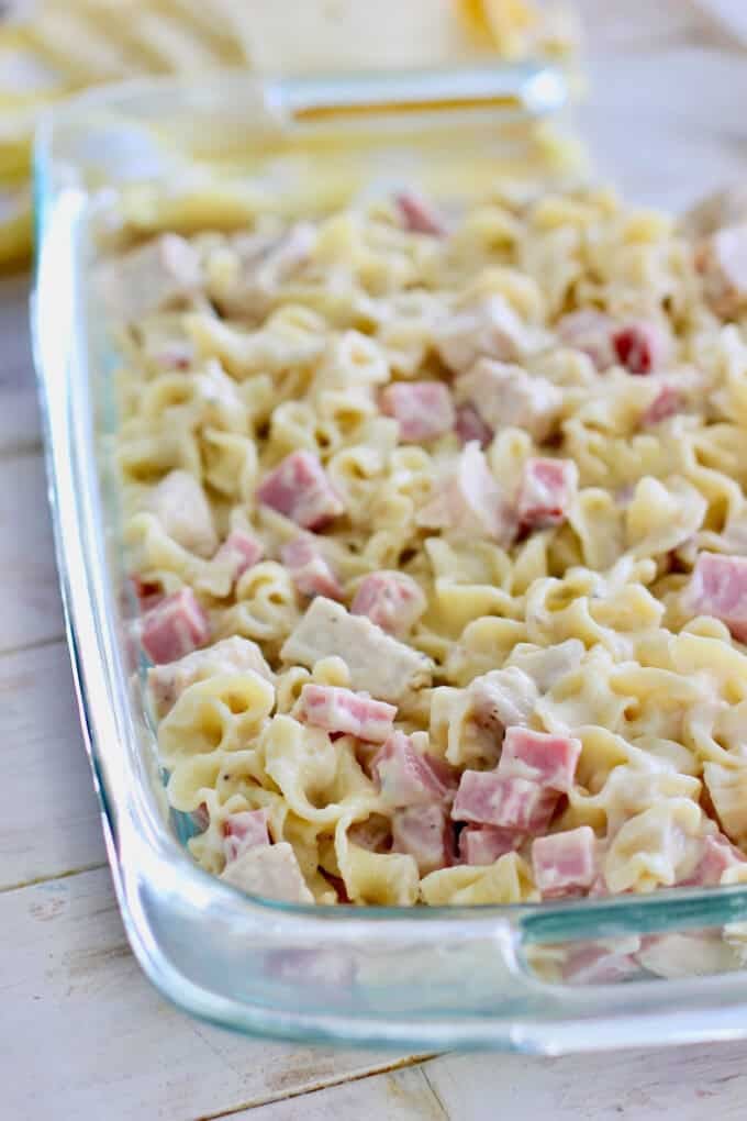 pasta and ham casserole in a 9 x 13 pan