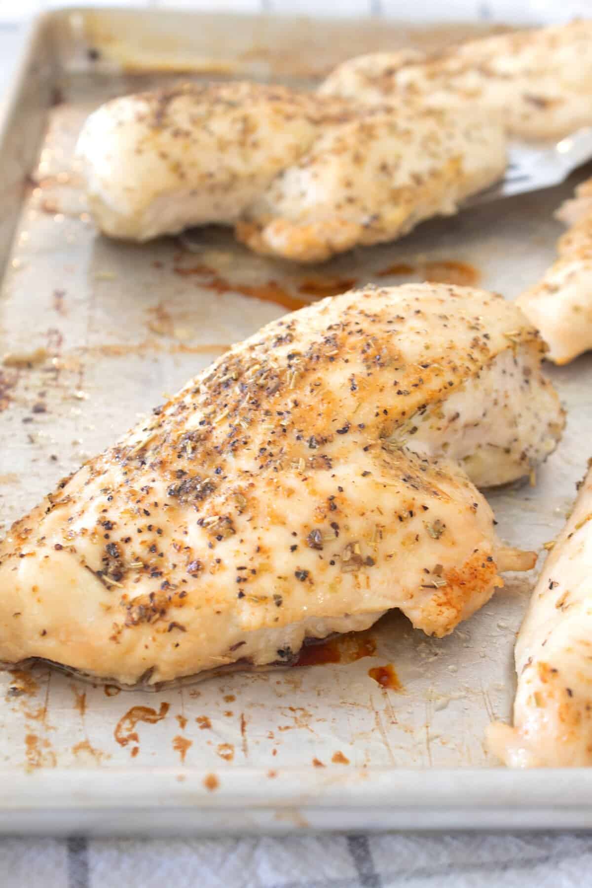 close up of baked chicken breasts