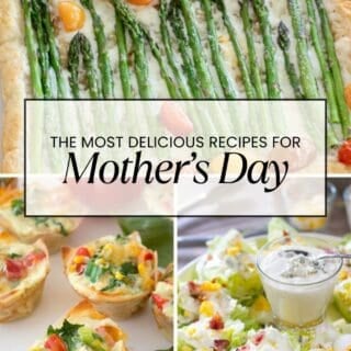 pinterest pin with photo collage of asparagus tart, frittata muffin and wedge salad platter