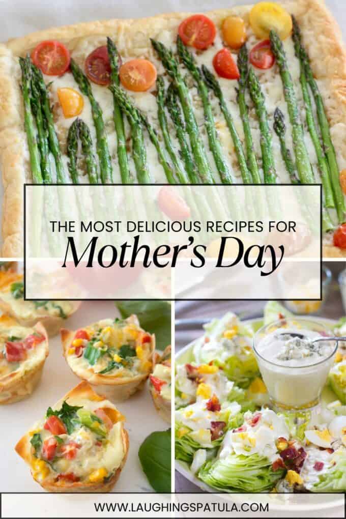 pinterest pin with photo collage of asparagus tart, frittata muffin and wedge salad platter