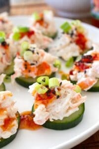 side view of cucumber crab salad bite