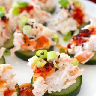 side view of cucumber crab salad bite
