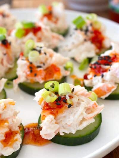 side view of cucumber crab salad bite