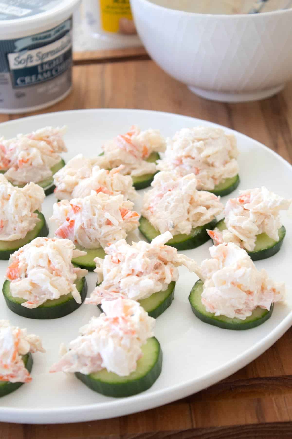 cucumber slices on a plate with crab salad